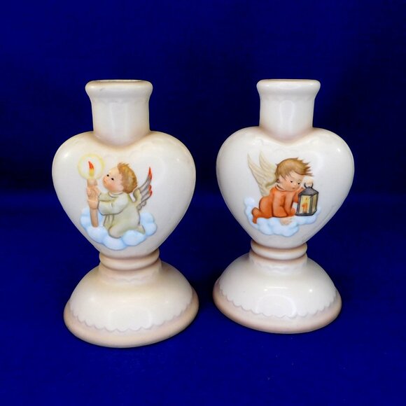 2 Hummel Goebel Angel Heart Shaped Ceramic Candle Holders / Candlesticks Vintage - Picture 2 of 8